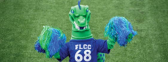 FLCC's mascot, Flick, cheering for our accepted students.